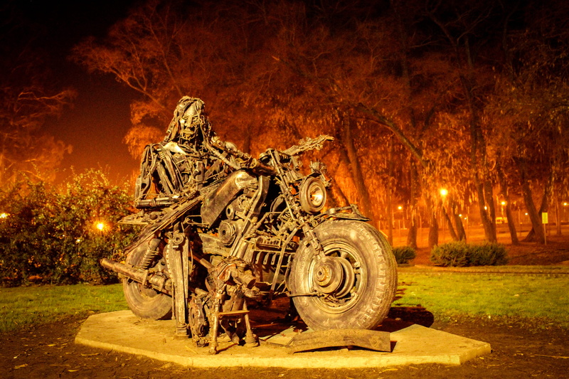 outdoor, land vehicle, mode of transportation, night, illuminated, car, nature, trees, machinery, transportation, argentina, stationary, no people, metal sculpture