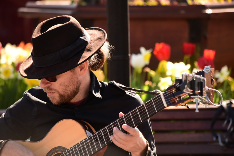 person, musical equipment, one person, guitar, paying, skill, hat, acoustic guitar, show, plucking an instrument, black, wearing, brown, cap, string instrument