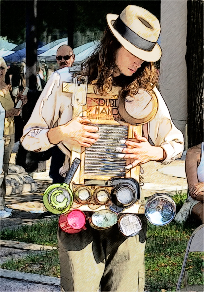 4K, incidental people, real people, people, lifestyles, hat, food and drink, madison, clothing, artist, sitting, madison washboard busker, outdoors, artistic