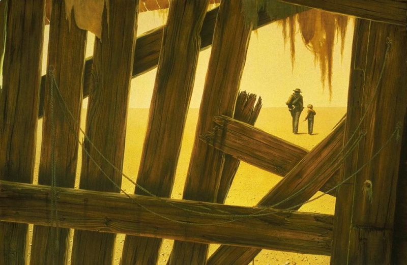 illustration, outdoors, day, real people, leisure activity, frame, wood - material, lifestyles, full length, 480P, sunlight, Dark Tower, people, shadow