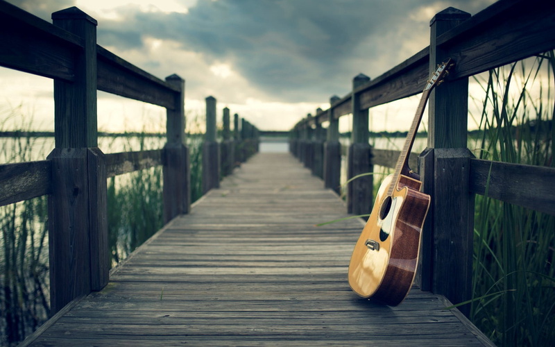 bridge, the way forward, guitar, railing, sky, arts culture and entertainment, no people, string instrument, water, music, musical equipment, bridge - man made structure