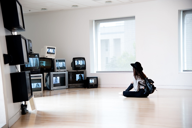 television set, mount, television, connection, multiple, watching, minimal, adult, wood, woman, tv, hairstyle, one person, technology, computer, day, home