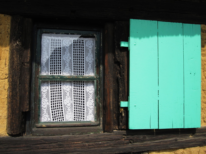 old window, farmhouse, residential district, curtain, building exterior, safety, wood - material, door, out of date, klappladen, building, entrance, france