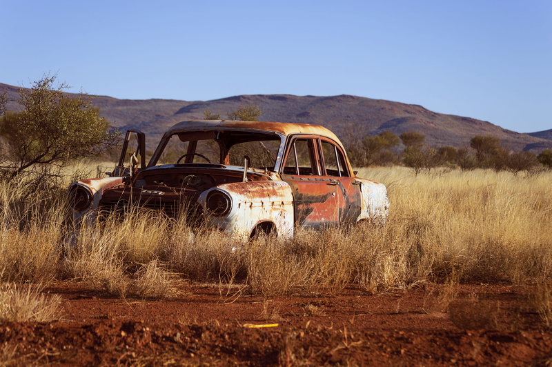 vintage, no people, road, dry, weathered, old car, obsolete, old, rusty, damaged, land, landscape, transportation system, grass, bush, tree, corrosion