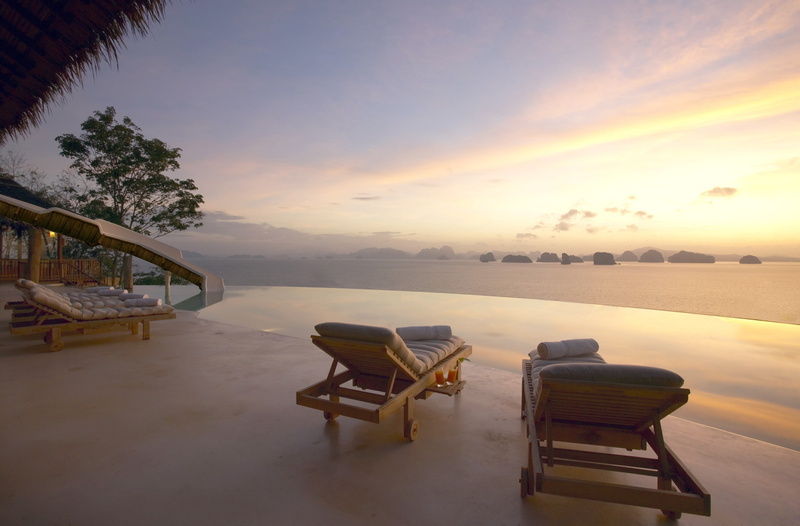 tranquil scene, six senses yao noi 4k beautiful image, seat, furniture, sunset, beauty in nature, no people, empty, land, water, outdoors, tranquility