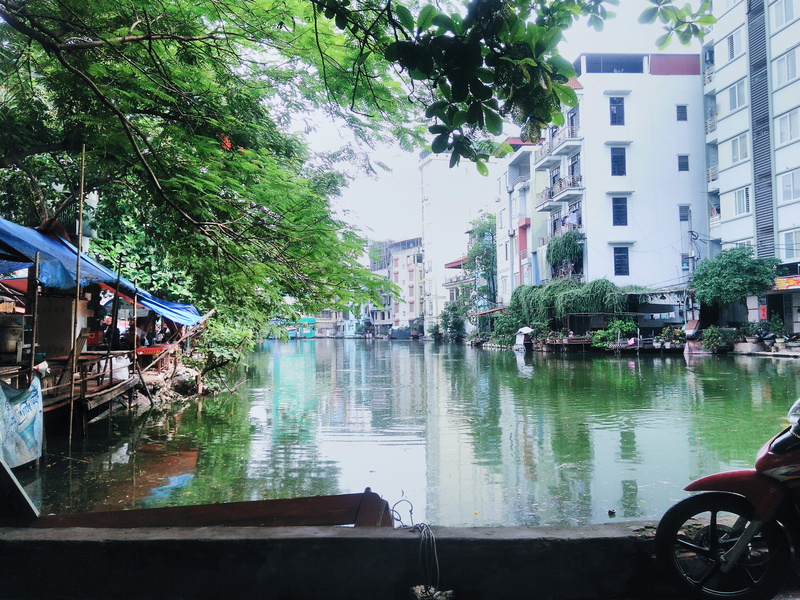 residential district, building exterior, canal, land vehicle, built structure, mode of transportation, architecture, ha noi, water, reflection, day, plant