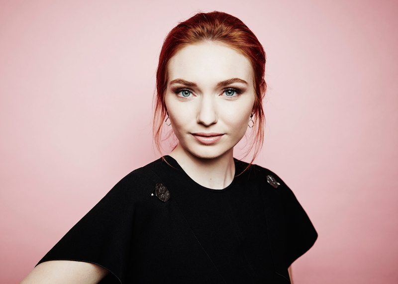 4K, portrait, black color, redhead, beautiful woman, headshot, hd, girls, indoors, casual clothing, eleanor tomlinson, celebrities, pink background, studio shot