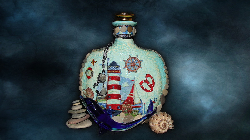1080P, nautical theme, authors photo by Elena Anikina, decoupage, shell, the authors work, figurine, the s, Dolphin, sea pebbles