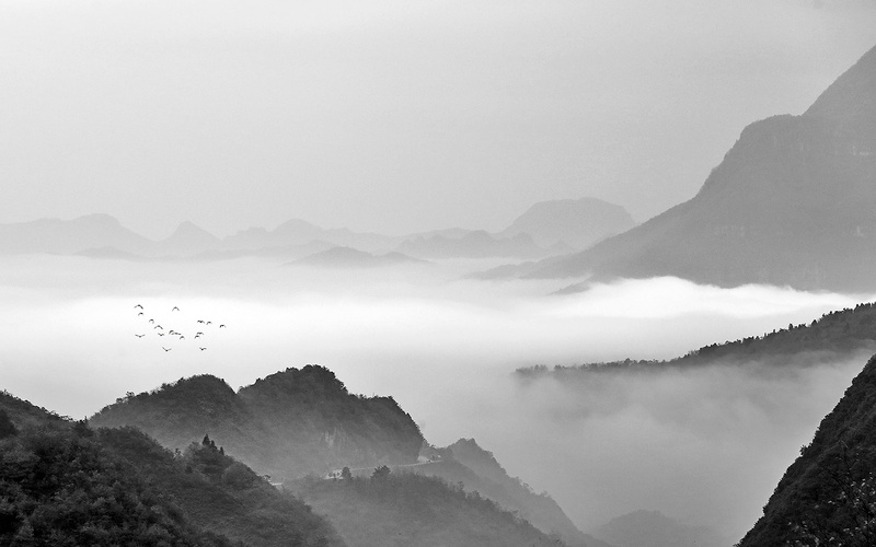 tranquility, sky, beauty in nature, copy space, non-urban scene, vertebrate, tranquil scene, mountain range, ink, outdoors, mountain, idyllic, no people
