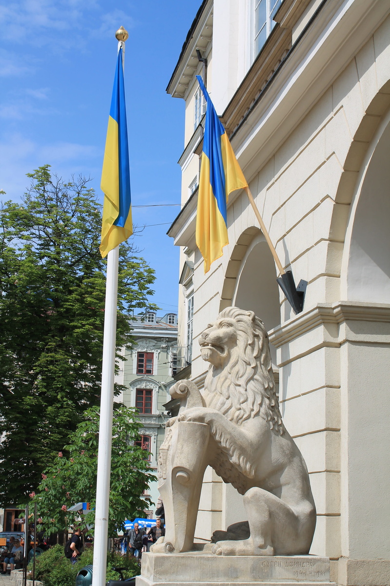 built structure, representation, market square, flag, sculpture, lviv, outdoors, ukrainian flag, no people, the past, city centre, creativity, nature, 4K