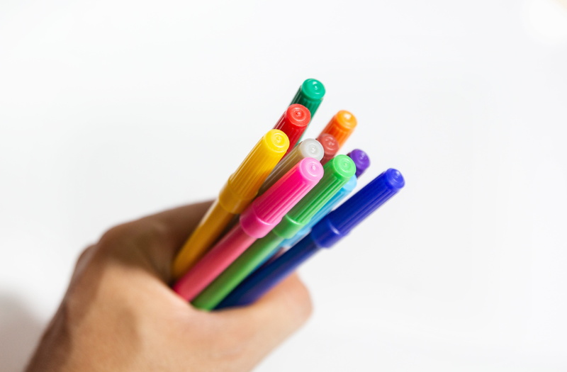 tip, colorful, marker, yellow, white background, 4K, one person, office, pens, pencil, education, magic, equipment, office supply, human body part, finger