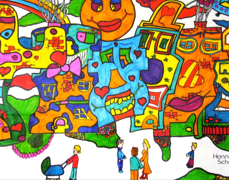 men, students work, james rizzi inspired, art and craft, real people, communication, mural, colorful, representation, street art, painted, leisure activity