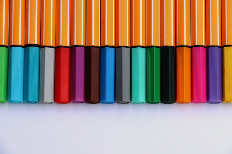 draw, side by side, art, studio shot, rainbow colors, 5K, arrangement, no people, felt tip pens, vibrant color, multi Colored, group of objects, retail