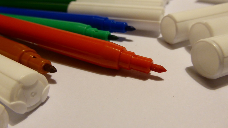 art and craft, pen, high angle view, stationery, focus on foreground, no people, variation, close-up, felt tip pens, in a row, colorful, art and craft equipment