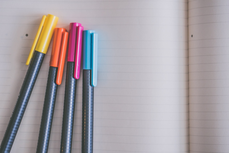 colours, 4K, pencil, journal, orange, writer, four, blue, pink, in a row, side by side, brush, colored pencil, still life, indoors, craft, pens, no people