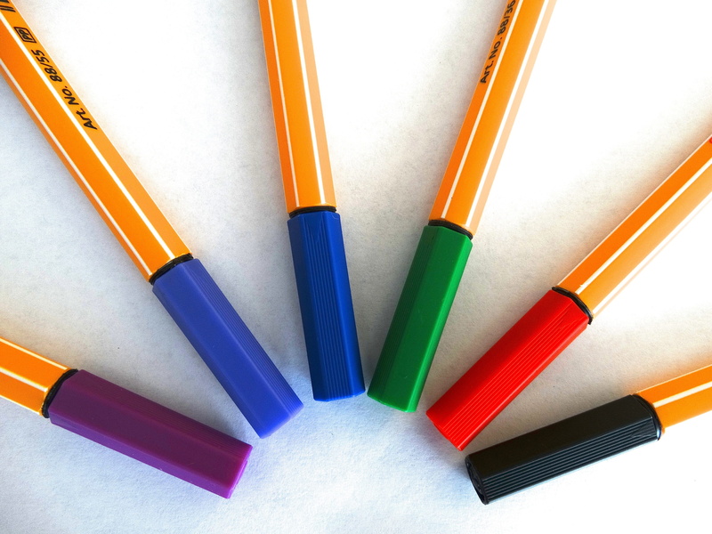 rainbow colors, still life, multi colored, art and craft, directly above, rubber, felt tip pens, medium group of objects, draw, paint, choice, creativity