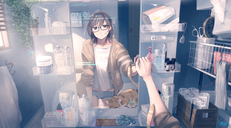 adult, retail, Short Hair, working, indoors, Glasses, Mirror, front view, occupation, business, Original, Toothbrush, reflection, young adult, Cat, 1080P