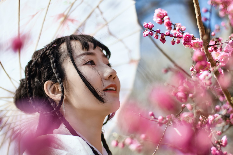 real people, 魅力, leisure activity, young adult, cherry blossom, apparel, pink color, petal, looking, hairstyle, pollen, contemplation, selective, focus