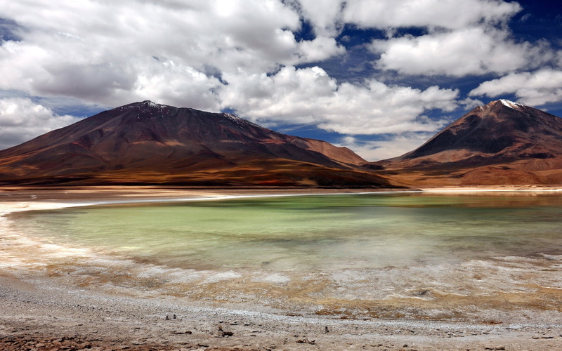tourism, volcanic Landscape, cloud - Sky, lake, mountains, salt flat, environment, tranquil scene, volcano, protected, andes, nature, snow, asia, day, national Landmark