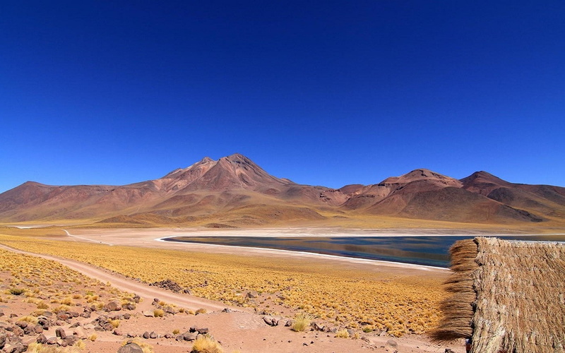 lake, Hut, outdoors, blue, tranquil scene, no people, salt flat, day, mountain, Atacama Desert, Shrubs, clear sky, nature, sand, copy space, mountain range