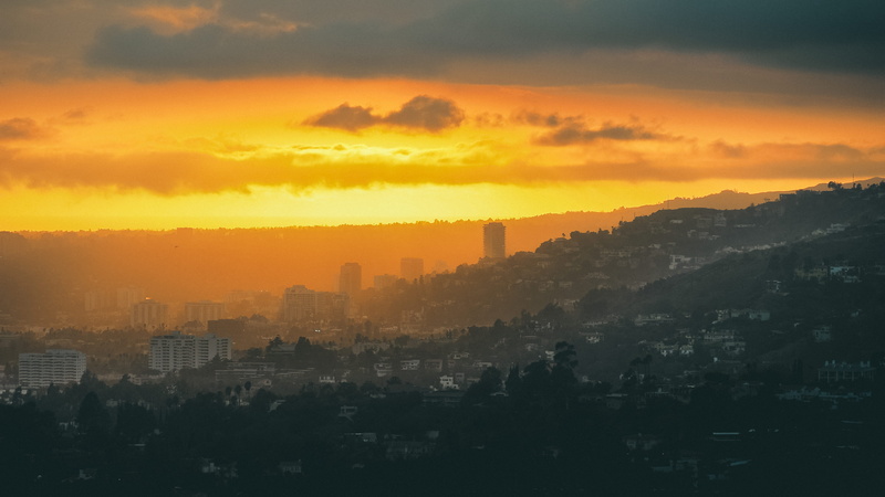 la, sunset, sky, fade, cloud - sky, los angeles, landscape, aerial, orange color, office building exterior, outdoors, hills, nature, griffith observatory
