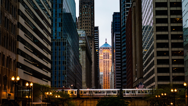 financial district, skyscraper, chicago, city, low angle view, cityscape, train, no people, city life, night, dusk, residential district, buildings, built structure