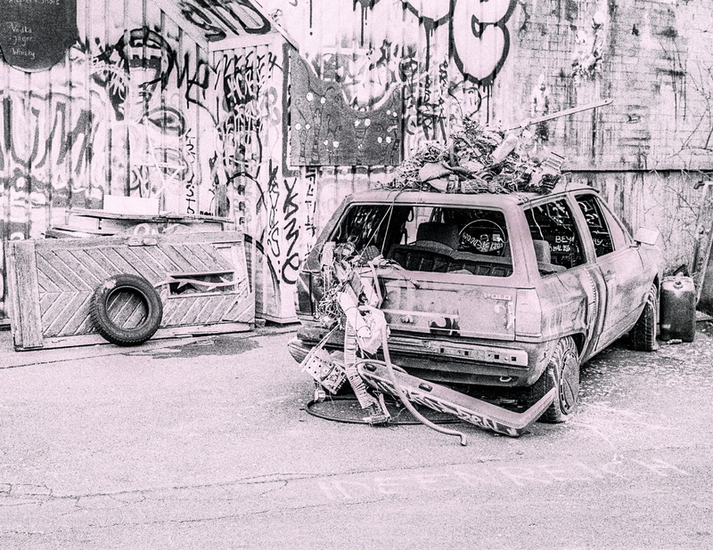 mode of transportation, motor vehicle, outdoors, no people, volkswagen, electronics, wreck, deutschland, crash, travel, germany, graffiti, film, bad condition