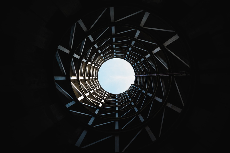angle, directly below, 5K, untitled, no people, hole, metal, design, light, missile, spiral, geometric shape, night, nature, built structure, concentric