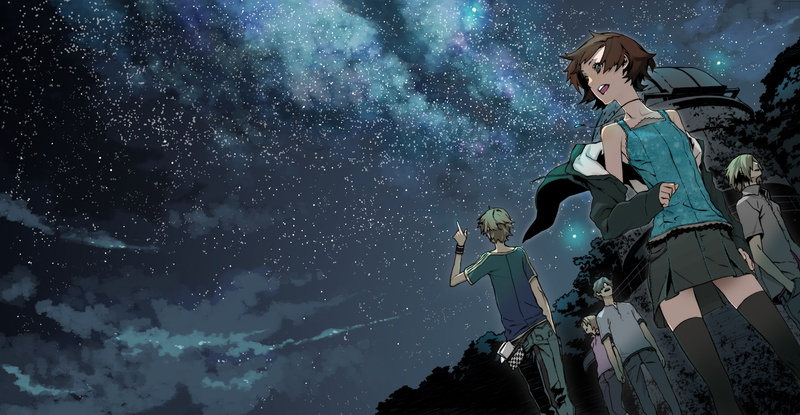 bakemonogatari, 1080P, skirt, miwa, sky, short, series, thighhighs, stars, monogatari, tree, night, hair, original, shirow