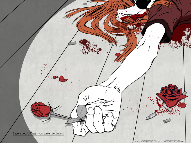 720P, miwa, bullets, carnage, nails, badou, dogs, shirow, blood, rose, flowers