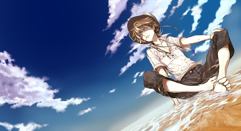 barefoot, hair, short, original, water, hat, brown, male, miwa, shirt, 1080P, clouds, shirow, sky, necklace