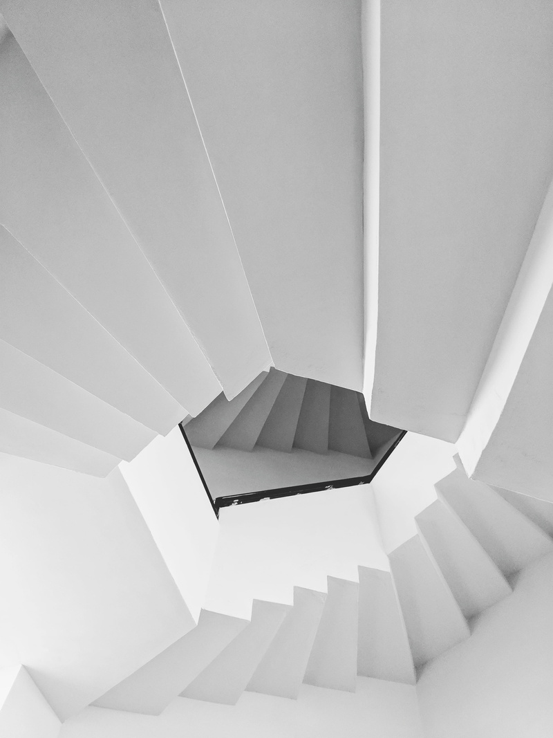 handrail, steps, angle, white color, portal, design, ceiling, minimal, day, railing, view, no people, steps and staircases, shape, building, stairs, indoors