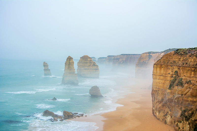 beauty in nature, beach, mist, body, solid, rock, idyllic, water, copy space, horizon over water, land, clear sky, rock formation, 12 apostles, tranquility