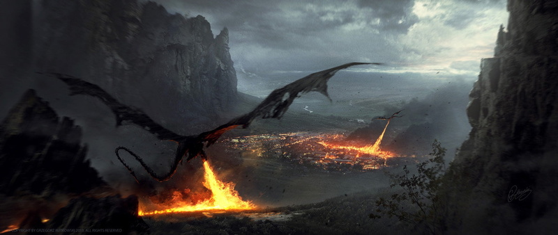 fantasy, dark, greg, 1080P, rutkowski, artstation, fire, dragons, hobbit