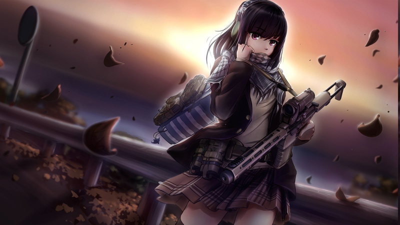 anime girls anime scarf original characters black hair gun headphones leaves long hair pink eyes skirt school uniform weapon machine gun, 1080P