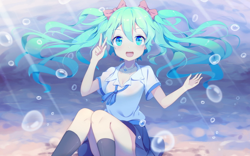 knee-highs, real people, underwater, lifestyles, indoors, legs, beautiful woman, three quarter length, Hatsune Miku, blue, sailor uniform, women, clothing