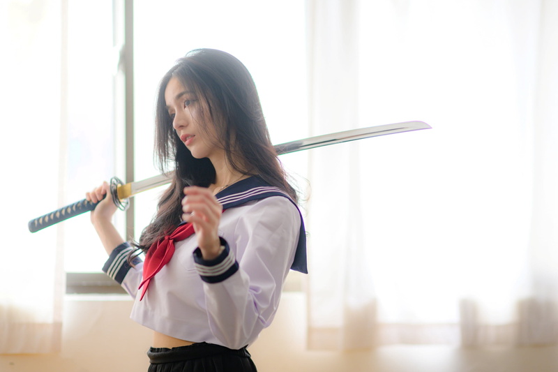 women indoors, portrait, sailor uniform, parted lips, katana, model, long hair, bokeh, indoors, brunette, cosplay, women, profile, weapon, 2K, Asian