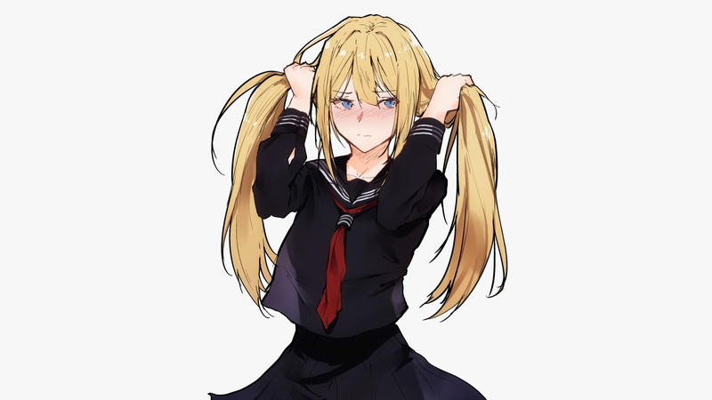 anime girls, twintails, simple background, schoolgirl, 1080P, anime, blonde, long hair, blush, sailor uniform
