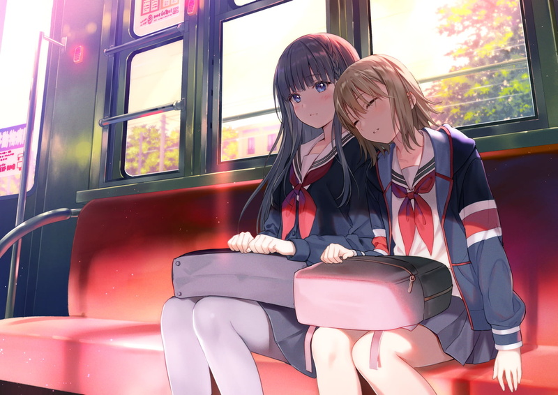 sitting, sleeping, school uniform, 720P, anime girls, train, anime, blushing, sailor uniform, closed eyes, yuri