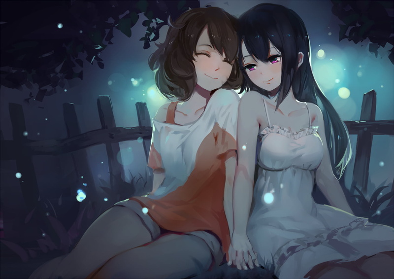 purple eyes, blush, cleavage, night, Kousaka Reina, Oumae Kumiko, shoujo ai, black hair, long hair, dress, Hibike! Euphonium, 720P, short hair, short pants
