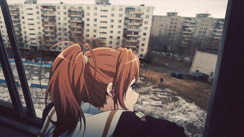 outdoors, standing, window, unrecognizable person, focus on foreground, clothing, 1080P, looking away, building exterior, headphones, headshot, anime