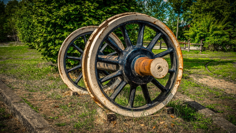 wood - material, tree, wagon wheel, land, day, nature, grass, old, field, plant, shape, antique, wheel, rust, no people, transportation, steel, 5K, wagon axle