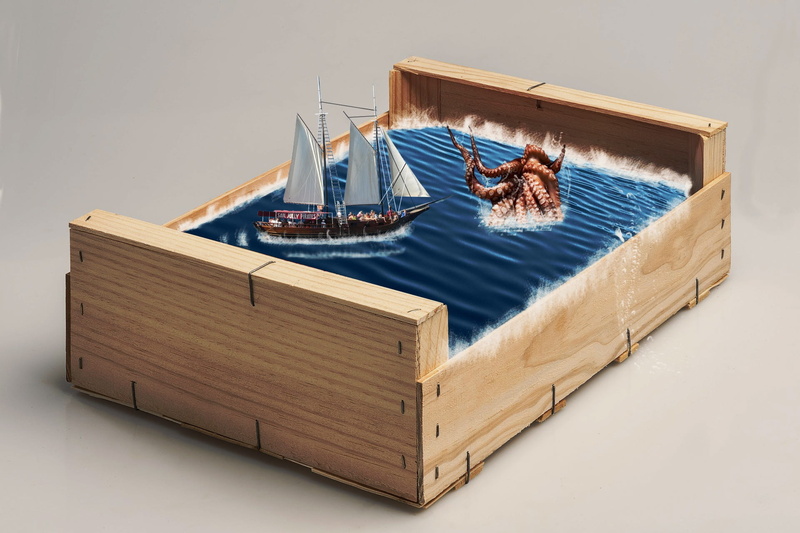 maritime, kraken, fantasy, brown, fotomanipulación, mode of transportation, paint mate, sailboat, photomontage, water, travel, transportation, box - container
