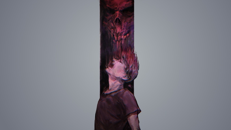 4K, gray, digital art, artwork, obscured face, contemplation, gray background, copy space, one person, textile, females, human body part, pattern, skull