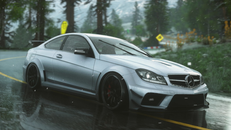 focus on foreground, rain, tree, mode of transportation, wheel, Driveclub, luxury, motion, day, wet, water, plant, silver colored, 1080P, road, video games