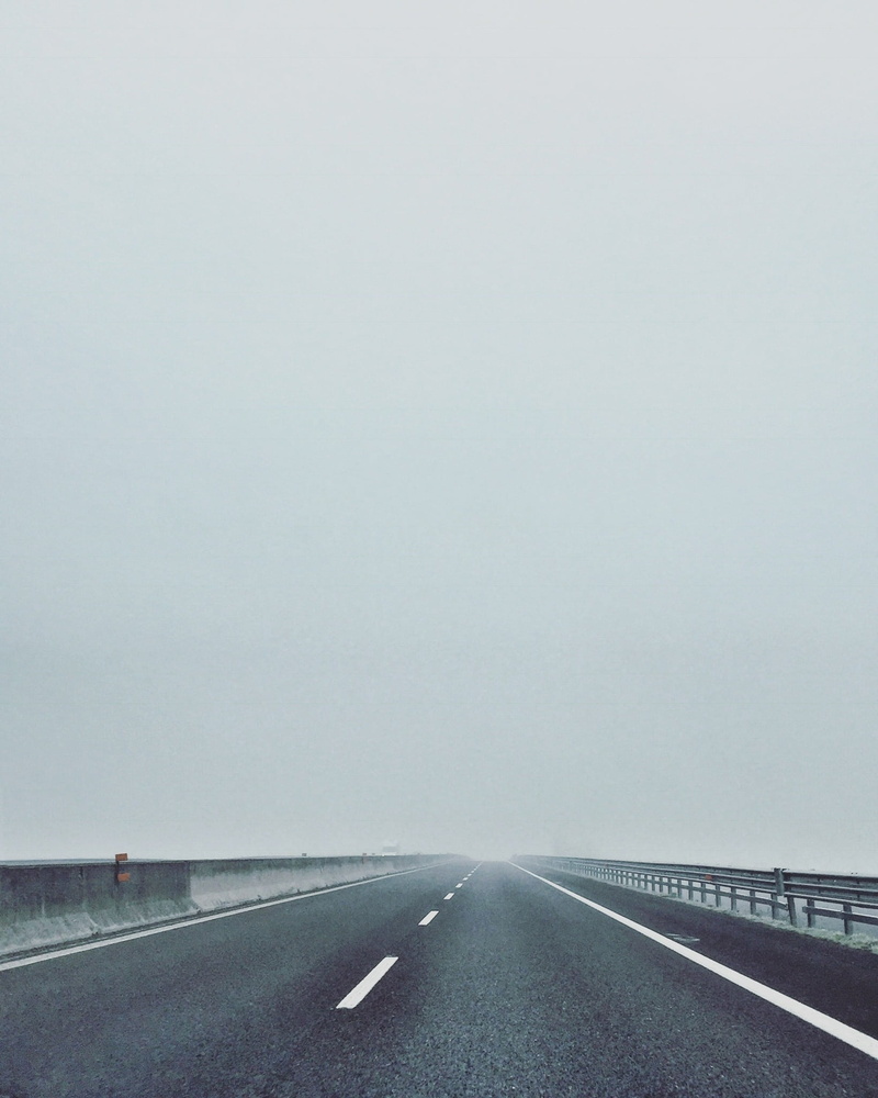transportation, empty, marking, day, bridge, clear sky, no people, empty road, road, concrete, highway, road trip, fog, diminishing perspective, foggy