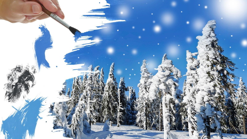 picture, woods, christmas, snowing, poster, trees, snow, forest, 1080P, bright, pine, winter, brush, paint, feliz navidad, abstract, covered, winte