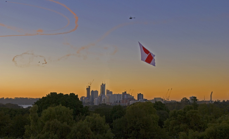 mid-air, nature, 7, scenics - nature, skyscraper, plant, straya, tree, built structure, perth, building exterior, flag, day, australia, 2K, city, patriotism