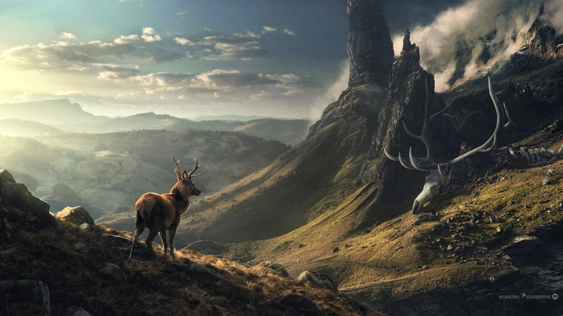 2K, landscape, mountains, Desktopography, skeleton, clouds, Elk