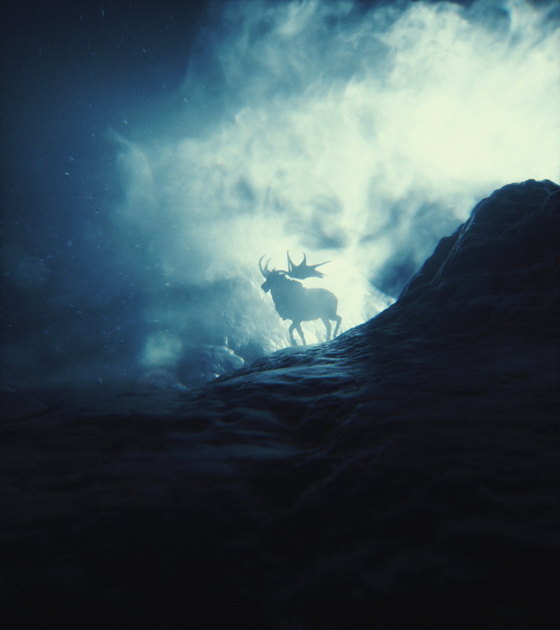silhouette, elk, horns, mountains, light, 1080P, smoke, stones